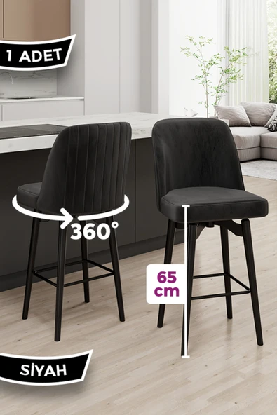 Canisa Evax Serisi 1 Adet Siyah Bar Sandalyesi 360°c Döner Bar Sandalyesi Babyface Kumaş Siyah Metal Ayaklı ürün görseli 1