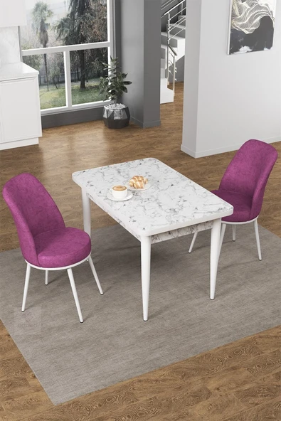 Canisa Concept Nil Serisi 70x110 Sabit Mutfak Masası Takımı Beyaz Mermer Desen Masa 2 Mor Sandalye ürün görseli 1