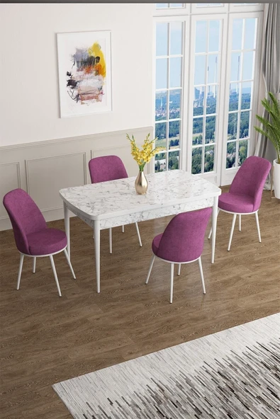 Canisa Concept Han Serisi 70x114, Açılabilir Mdf Mutfak Masa Takımı, Beyaz Mermer Desen Masa Ve 4 Mor Sandalye ürün görseli 1