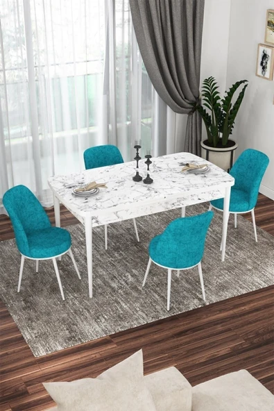 Canisa Concept Kor Serisi 70x114 Açılabilir Mutfak Masası Takımı Beyaz Mermer Desen Masa 4 Turkuaz Sandalye ürün görseli 1