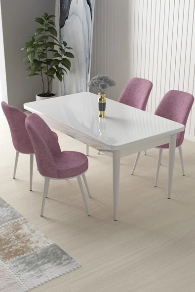 Canisa Nil Serisi 70x110 Sabit Mutfak Masası Takımı Beyaz Masa 4 Pembe Sandalye ürün görseli 1
