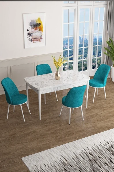 Canisa Concept Han Serisi 70x114, Açılabilir Mdf Mutfak Masa Takımı, Beyaz Mermer Desen Masa 4 Turkuaz Sandalye ürün görseli 1