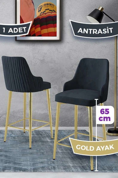 Canisa Tera Serisi 1 Adet Babyface Kumaş 65 cm Gold Kaplama Ayaklı Antrasit Bar Sandalyesi ürün görseli 1