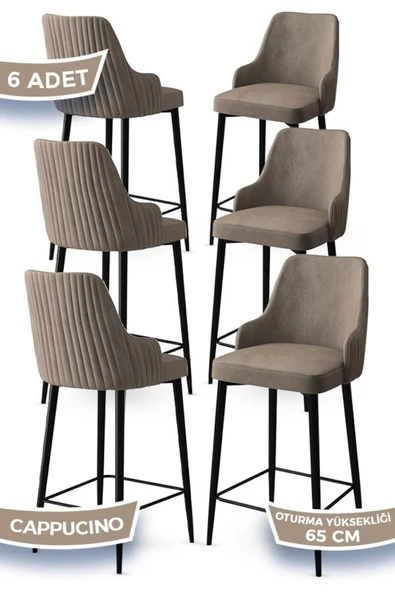Canisa Tera Serisi 6 Cappucino Sandalye 65 Cm Ada Mutfak Bar Sandalyesi Babyface Kumaş Siyah Metal Ayaklı ürün görseli 1