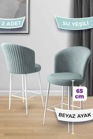 Canisa Alte Serisi 2 Adet Su Yeşili 65 Cm Ada Mutfak Bar Sandalyesi Babyface Kumaş Beyaz Metal Ayak ürün görseli 1