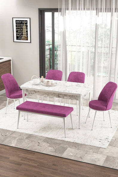 Canisa Concept Zen Serisi 80x132 Mdf Açılabilir Beyaz Mermer Desen Masa Takımı 4 Mor Sandalye Ve 1 Bench ürün görseli 1