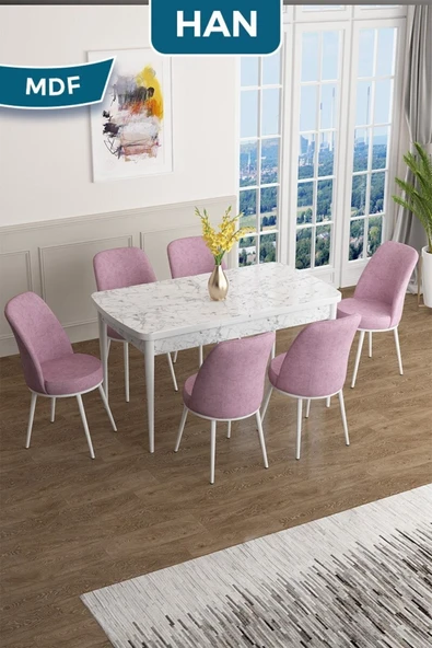 Canisa Han Serisi, 70x114 Açılabilir Mdf Masa Takımı, Beyaz Mermer Desen Masa Ve 6 Pembe Sandalye ürün görseli 1