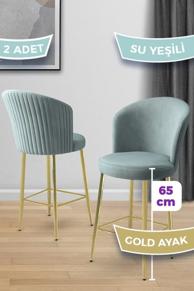 Canisa Alte Serisi 2 Adet Babyface Kumaş 65 cm Gold Kaplama Ayaklı Su Yeşili Bar Sandalyesi ürün görseli 1