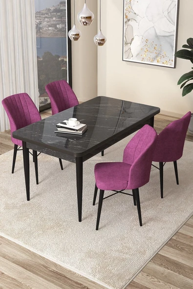 Canisa Concept Arp Serisi 70x110 Sabit Mutfak Masası Takımı Siyah Mermer Desen Masa 4 Mor Sandalye ürün görseli 1