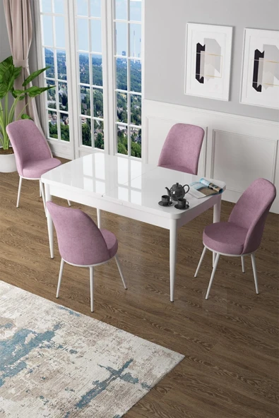 Canisa Concept Zen Serisi 80x132 Mdf Açılabilir Beyaz Masa Takımı Ve 4 Pembe Sandalye ürün görseli 1