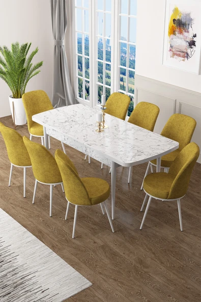 Canisa Concept Zen Serisi 80x132 Mdf Açılabilir Beyaz Mermer Desen Masa Takımı Ve 8 Hardal Sandalye ürün görseli 1