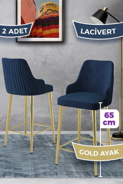 Canisa Tera Serisi 2 Adet Babyface Kumaş 65 cm Gold Kaplama Ayaklı Lacivert Bar Sandalyesi ürün görseli 1