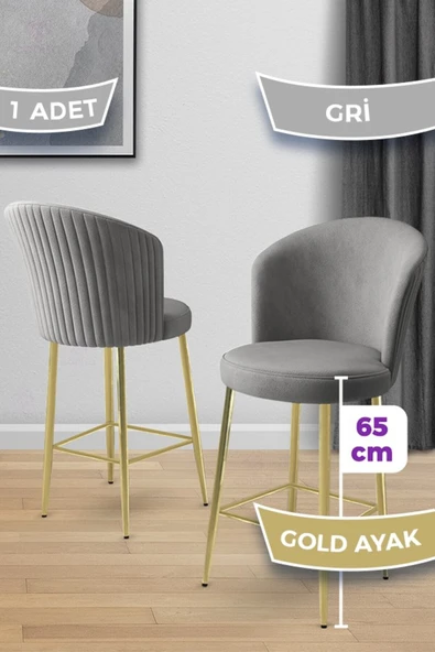 Canisa Alte Serisi 1 Adet Babyface Kumaş 65 cm Gold Kaplama Ayaklı Gri Bar Sandalyesi ürün görseli 1