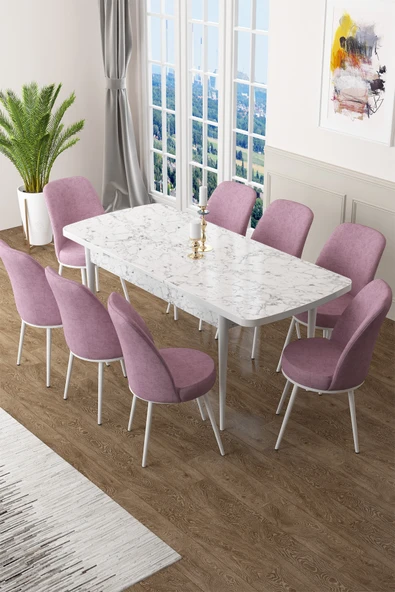 Canisa Concept Zen Serisi 80x132 Mdf Açılabilir Beyaz Mermer Desen Masa Takımı Ve 8 Pembe Sandalye ürün görseli 1