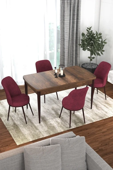 Canisa Concept Kor Serisi 70x114 Açılabilir Mutfak Masası Takımı Barok Desen Masa 4 Bordo Sandalye ürün görseli 1