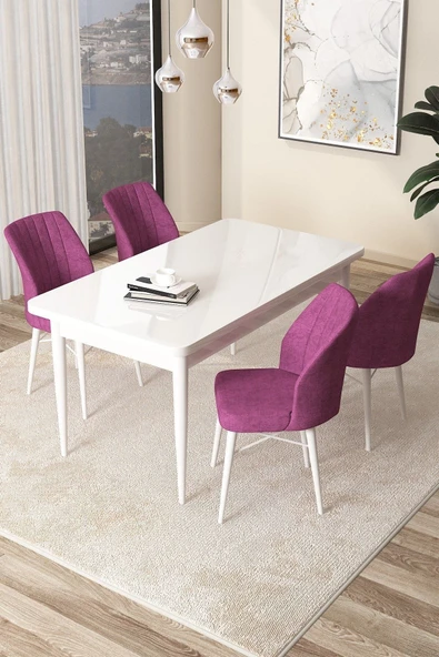 Canisa Concept Arp Serisi Sabit Mutfak Masası Takımı 70x110 Beyaz Masa 4 Mor Sandalye ürün görseli 1