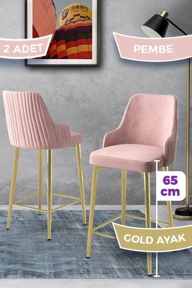 Canisa Tera Serisi 2 Adet Babyface Kumaş 65 cm Gold Kaplama Ayaklı Pembe Bar Sandalyesi ürün görseli 1