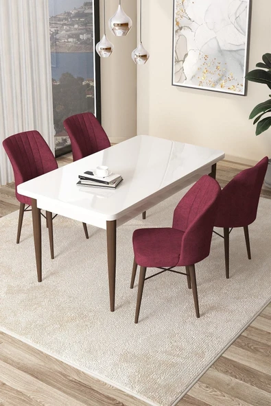 Canisa Concept Arp Serisi Sabit Mutfak Masası Takımı 70x110 Beyaz Ceviz Masa 4 Bordo Sandalye ürün görseli 1