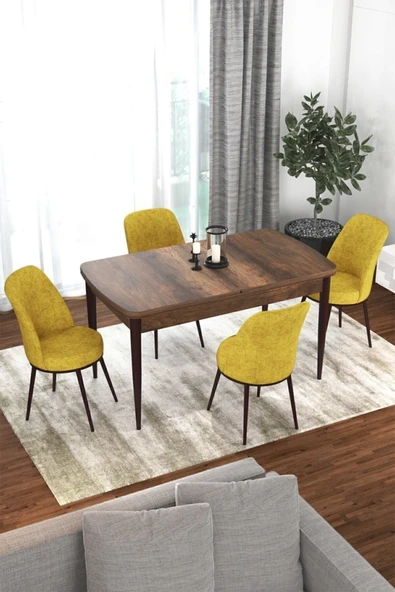 Canisa Concept Kor Serisi 70x114 Açılabilir Mutfak Masası Takımı Barok Desen Masa 4 Hardal Sandalye ürün görseli 1
