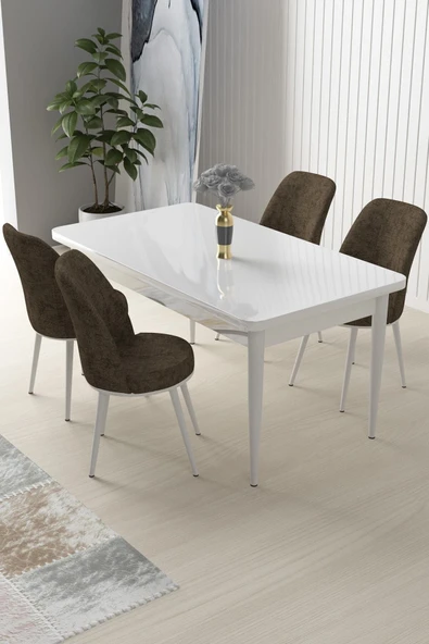 Canisa Concept Nil Serisi 70x110 Sabit Mutfak Masası Takımı Beyaz Masa 4 Kahverengi Sandalye ürün görseli 1