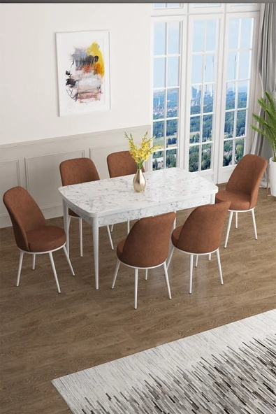 Canisa Concept Han Serisi 70x114 Açılabilir Mdf Mutfak Masası Takımı Beyaz Mermer Desen Masa 6 Kiremit Sandalye ürün görseli 1