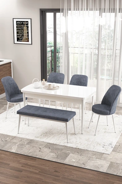 Canisa Concept Zen Serisi 80x132 Mdf Açılabilir Beyaz Masa Takımı 4 Füme Sandalye Ve 1 Bench ürün görseli 1