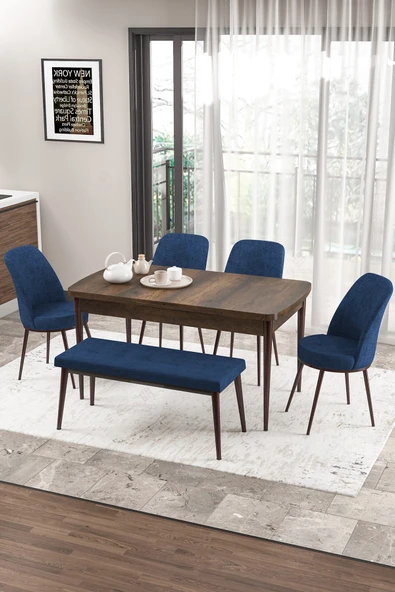 Canisa Concept Zen Serisi 80x132 Mdf Açılabilir Barok Ahşap Desen Masa Takımı 4 Lacivert Sandalye Ve 1 Bench ürün görseli 1