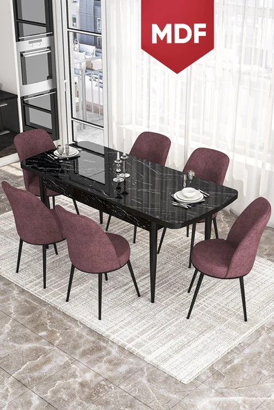 Canisa Kor Serisi 70x114 Açılabilir MDF Mutfak Masası Takımı Siyah Mermer Desen Masa 6 Gül Kurusu Sandalye ürün görseli 1