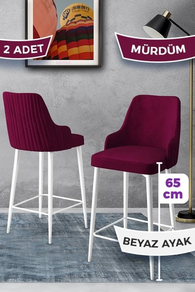 Canisa Tera Serisi 2 Mürdüm Sandalye 65 Cm Ada Mutfak Bar Sandalyesi Babyface Kumaş Beyaz Metal Ayaklı ürün görseli 1