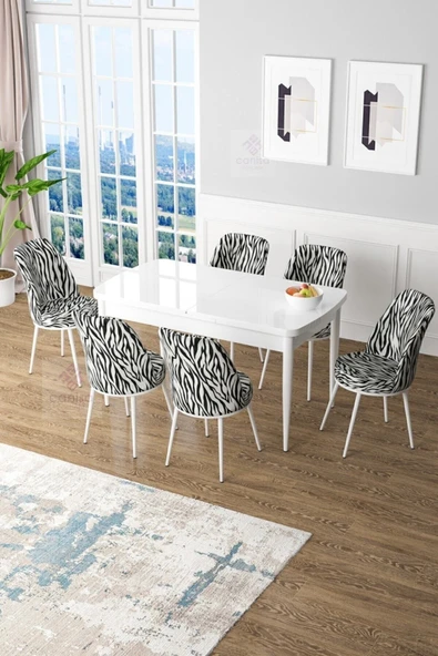 Canisa Concept Zen Serisi 80x132 Mdf Açılabilir Beyaz Masa Takımı Ve 6 Zebra Sandalye ürün görseli 1