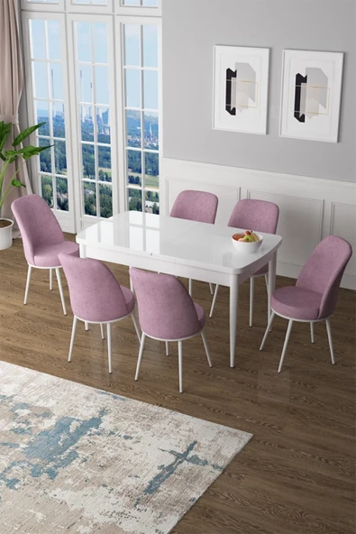Canisa Concept Zen Serisi 80x132 Mdf Açılabilir Beyaz Mutfak Masası Takımı Ve 6 Pembe Sandalye ürün görseli 1