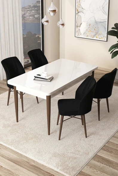 Canisa Concept Arp Serisi 70x110 Sabit Mutfak Masası Takımı Beyaz Ceviz Masa 4 Siyah Sandalye ürün görseli 1