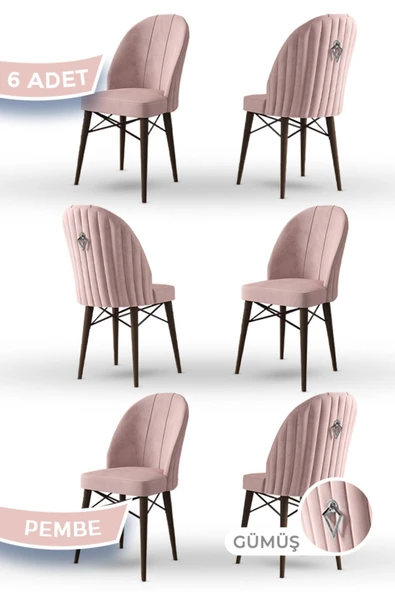 Canisa Ritim Serisi 6 Adet Pembe Sandalye 1.sınıf Babyface Ithal Kumaş Ceviz Gürgen Ayak Gümüş Halkalı ürün görseli 1