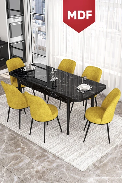 Canisa Concept Kor Serisi 70x114 Açılabilir MDF Mutfak Masası Takımı Siyah Mermer Desen Masa 6 Hardal Sandalye ürün görseli 1