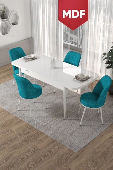 Canisa Concept Kor Serisi 70x114 Açılabilir MDF Mutfak Masası Takımı Beyaz Masa 4 Turkuaz Sandalye ürün görseli 1