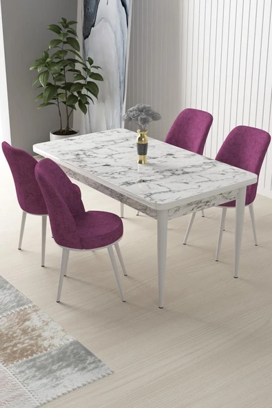 Canisa Concept Nil Serisi 70x110 Sabit Mutfak Masası Takımı Beyaz Mermer Desen Masa 4 Mor Sandalye ürün görseli 1