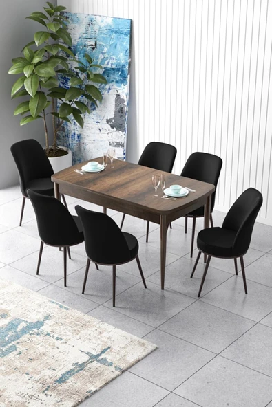 Canisa Concept Zen Serisi 80x132 Mdf Açılabilir Barok Ahşap Desen Masa Takımı Ve 6 Siyah Sandalye ürün görseli 1