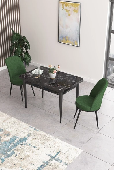 Canisa Concept Nil Serisi 70x110 Sabit Mutfak Masası Takımı Siyah Mermer Desen Masa 2 Haki Yeşil Sandalye ürün görseli 1