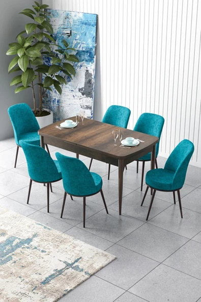Canisa Concept Zen Serisi 80x132 Mdf Açılabilir Barok Ahşap Desen Masa Takımı Ve 6 Turkuaz Sandalye ürün görseli 1