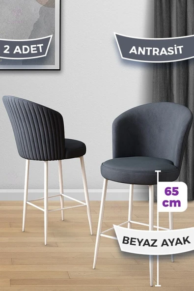 Canisa Alte Serisi 2 Antrasit Sandalye 65 Cm Ada Mutfak Bar Sandalyesi Babyface Kumaş Beyaz Metal Ayaklı ürün görseli 1