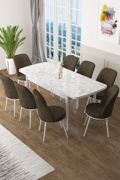 Canisa Concept Zen Serisi 80x132 Mdf Açılabilir Beyaz Mermer Desen Masa Takımı Ve 8 Kahverengi Sandalye ürün görseli 1