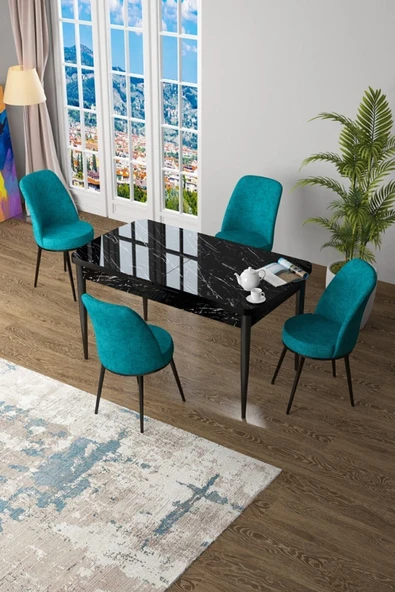 Canisa Concept Zen Serisi 80x132 Mdf Açılabilir Siyah Mermer Desen Masa Takımı Ve 4 Turkuaz Sandalye ürün görseli 1
