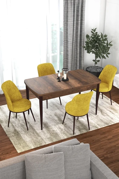 Canisa Concept Kor Serisi 70x114 Açılabilir Mutfak Masası Takımı Barok Desen Masa 4 Hardal Sandalye ürün görseli 1