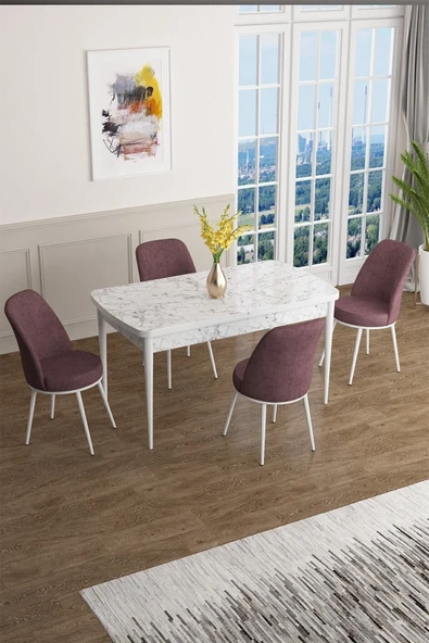 Canisa Concept Han Serisi 70x114, Açılabilir Mdf Mutfak Masa Takımı, Beyaz Mermer Desen Masa 4 Gülkurusu Sandalye ürün görseli 1