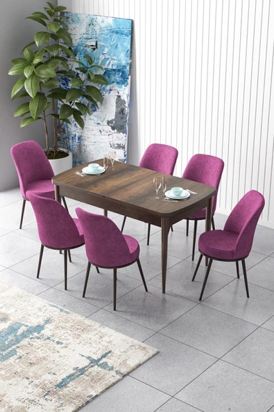 Canisa Concept Zen Serisi 80x132 Mdf Açılabilir Barok Ahşap Desen Masa Takımı Ve 6 Mor Sandalye ürün görseli 1
