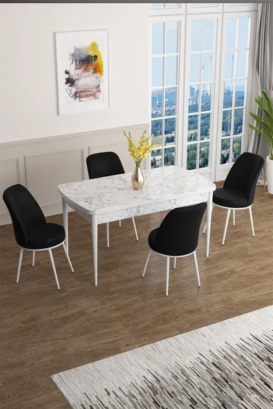 Canisa Concept Han Serisi 70x114, Açılabilir Mdf Mutfak Masa Takımı, Beyaz Mermer Desen Masa Ve 4 Siyah Sandalye ürün görseli 1