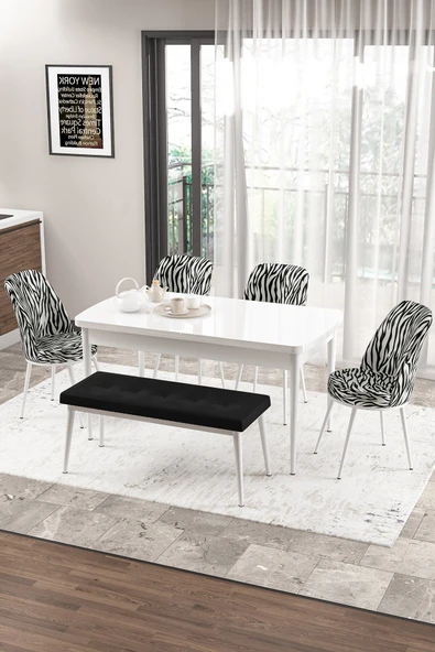 Canisa Concept Zen Serisi 80x132 Mdf Açılabilir Beyaz Masa Takımı 4 Zebra Sandalye Ve 1 Siyah Bench ürün görseli 1