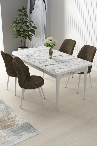 Canisa Concept Nil Serisi 70x110 Sabit Mutfak Masası Takımı Beyaz Mermer Desen Masa 4 Kahverengi Sandalye ürün görseli 1