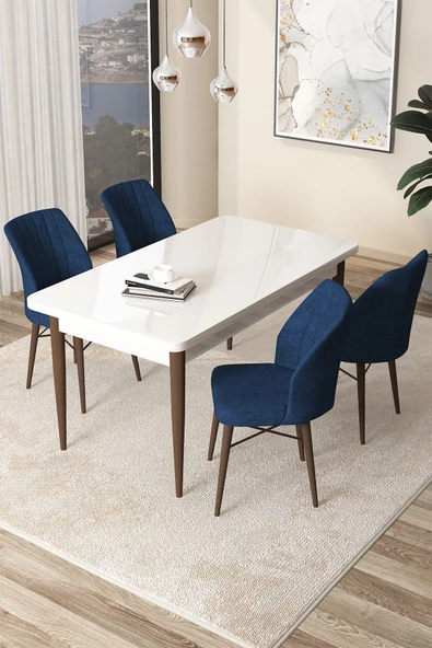 Canisa Concept Arp Serisi Sabit Mutfak Masası Takımı 70x110 Beyaz Ceviz Masa 4 Lacivert Sandalye ürün görseli 1