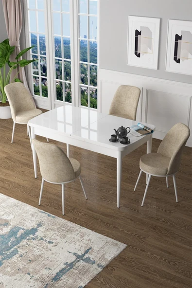 Canisa Concept Zen Serisi 80x132 Mdf Açılabilir Beyaz Masa Takımı Ve 4 Krem Sandalye ürün görseli 1